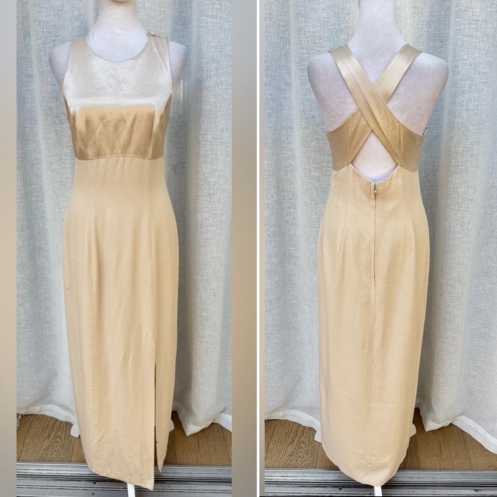 Vintage New Image ivory gold cross back high waist maxi dress